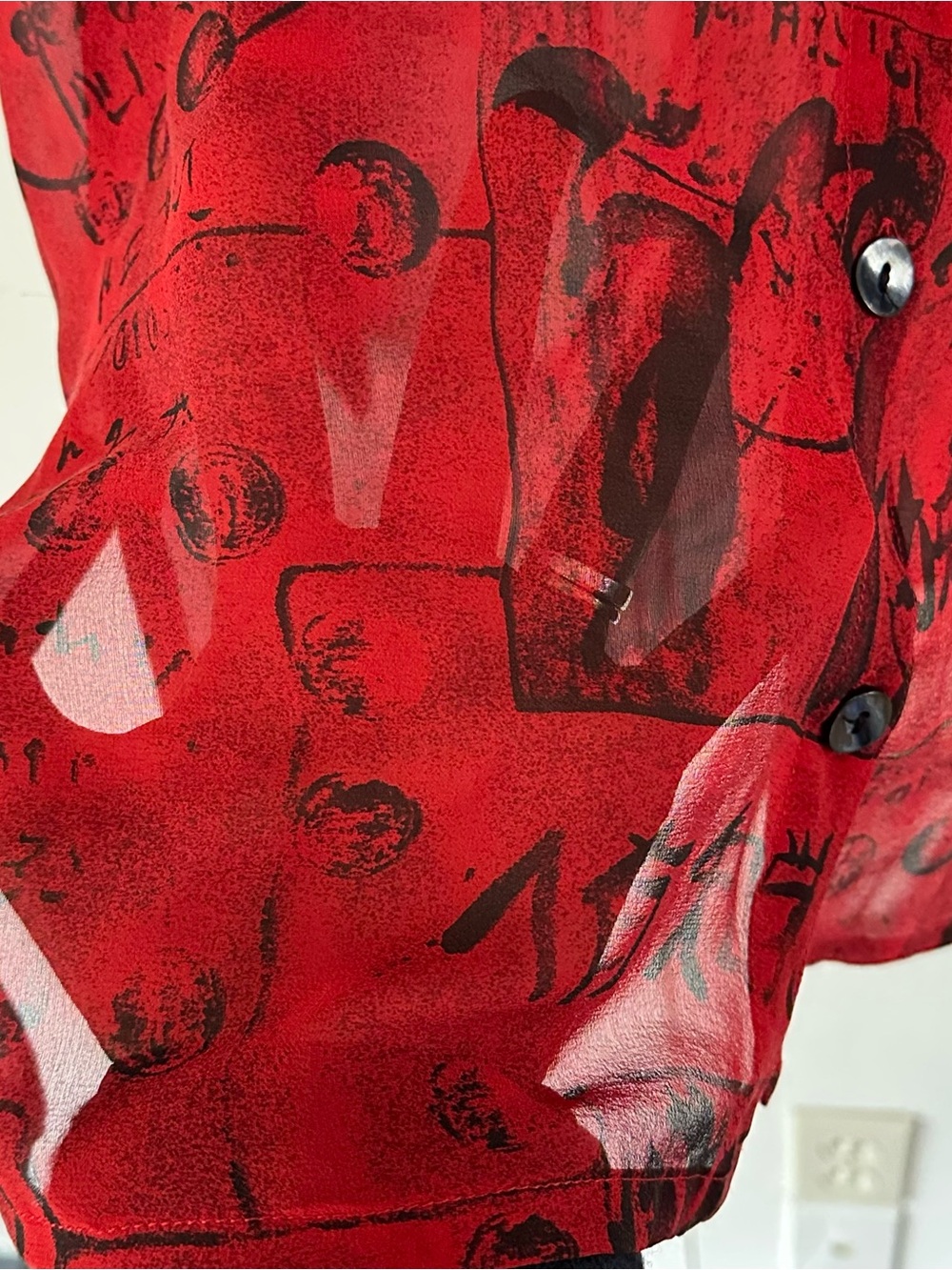 VTG 90s Y2K Sheer Silk Top Sz M Calligraphy Asian Inspired Burgundy Red Black - Picture 9 of 11